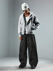 ROMWE MEN Street Life Men's Spider Web Digital Print Buckle Fly Denim Jeans - Black - View 7