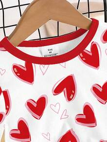 1set Young Girls Snug Fit Pajamas, Red & White Heart Print Top Paired With All-Over Heart & Bow Print Pants, Contrast Trim Design, Suitable As Valentine's Day Gift For Children - White - View 4