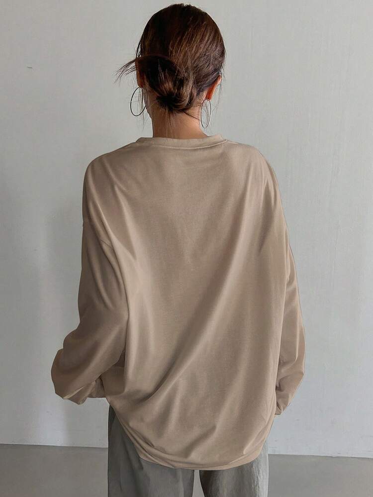 Solid Color Loose Long Sleeve Women's Round Neck T-Shirt, Long Length,Fall Clothes,Back To School Clothes