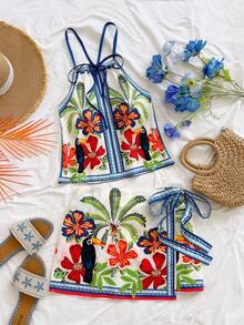 Soleia Tropical Toucan Print Halter Neck Top And Tie Wrap Skirt 2 Pieces Set - Multicolor - View 3