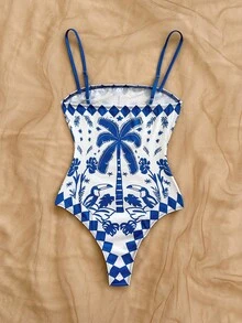 Soleia 一件女士蓝白热带棕榈树印花连体裤，优雅休闲沙滩度假装 - 藍白色 - 查看 2