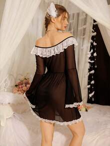 DelicateAllure 性感蕾丝雪纺喇叭袖女士睡裙 - 黑色 - 查看 2