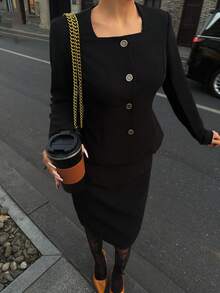 DAZY Women's Elegant Front Button Jacket And Skirt 2 Pieces Set, Suitable For Commuting In Autumn - Black - View 6