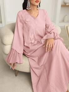 SHEIN Najma Đầm xòe dài tay dáng rộng, cổ chữ V, họa tiết hoa 3D, thanh lịch dành cho nữ. - Hồng - Xem 7