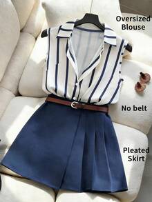 Franclia Women's Elegant Commuter Casual Striped 2 Pieces Set - Blue - View 1