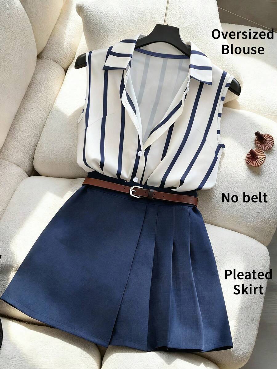 Franclia Women's Elegant Commuter Casual Striped 2 Pieces Set - Blue - View 1