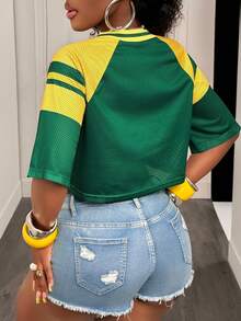 BamGleam V-Neck Colorblock Graphic Print Casual Short Sleeve T-Shirt - Green - View 2