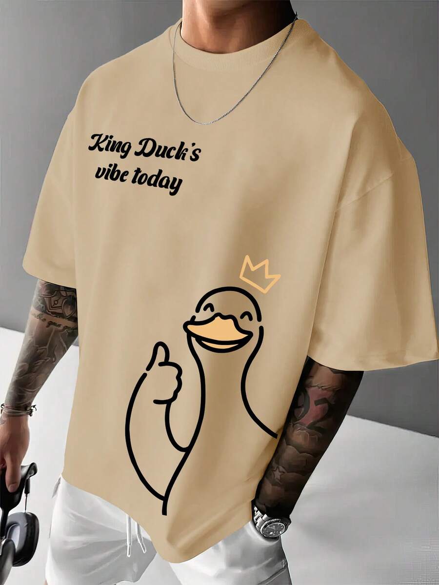 Manfinity LEGND Men's Casual Letter & Duck Print Round Neck Short Sleeve T-Shirt, Summer - Apricot - View 1