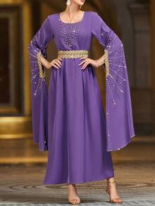 Layrah Túnica larga turca de cuello redondo, bordada a mano con cuentas y adornos de strass, color púrpura - Morado - Ver 7