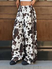 Muchica Women's Elastic Waist Cow Print Pocket Casual Versatile Daily Wear Wide Leg Sweatpants,Rave Outfits Festival - Multicolor - View 5