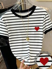 Resyla Women's Round Neck Striped Heart Print Casual Versatile Commuting Short Sleeve T-Shirt - Multicolor - View 1