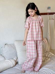 DAZY 少女格子印花泡泡袖短袖上衣搭配荷叶边阔腿宽松睡裤套装，春夏秋季 - 粉色 - 查看 5