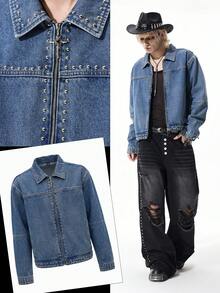 ROMWE MEN Street Life Men's Casual Rivet Zipper Front Drop Shoulder Denim Jacket - Blue - View 1