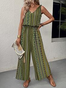 EMERY ROSE Women's Summer Vacation All-Over Print Waist Cinched Sleeveless Jumpsuit - Multicolor - View 5