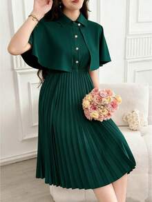 SHEIN 2pcs/Set Vintage Elegant Shawl Collar Pleated Hem Dress With Shirt For Teen Girls - Dark Green - View 4