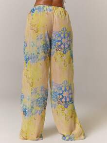 MUSERA 网眼印花串珠抽绳阔腿裤，夏季度假伊比沙岛优雅可爱海滩节锐舞波西米亚风沙滩装度假服，夏季条纹派对装扮 - 鵝黃色 - 查看 2