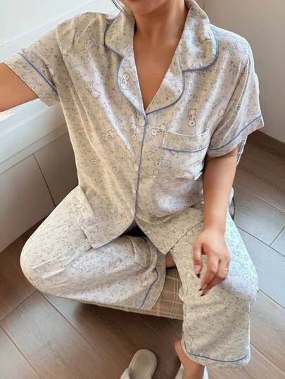 Dream Adore 大码女式泡泡褶皱兔子印花仿丝绸翻领短袖睡衣套装