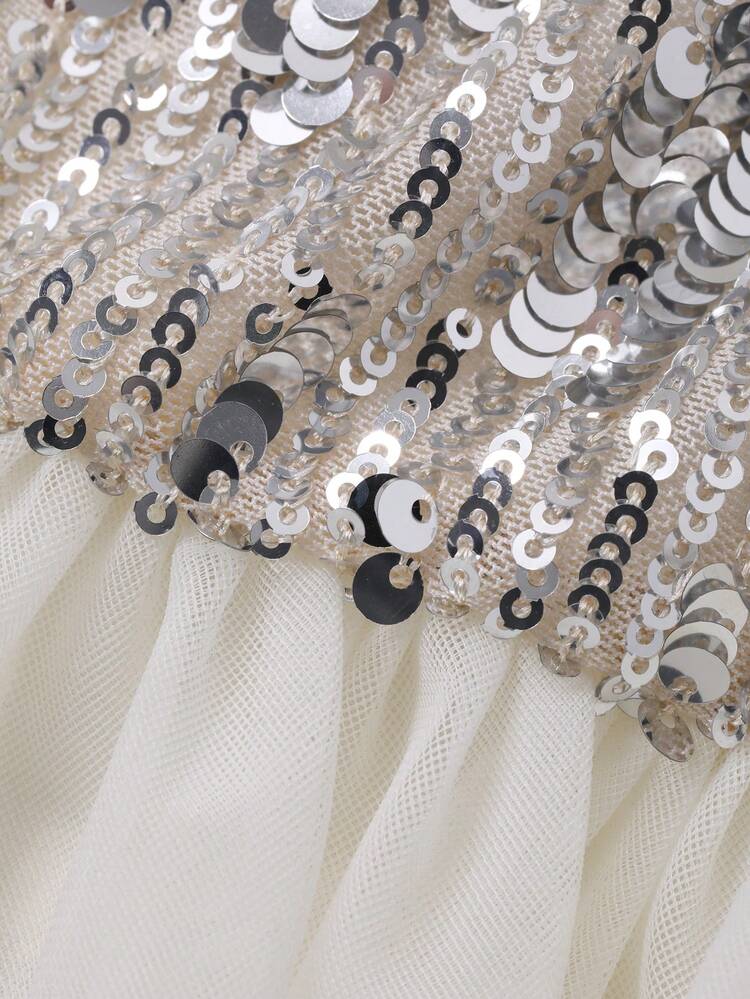 Tween Girl Floral Embroidery & Sequin Patchwork Round Neck Party Dress