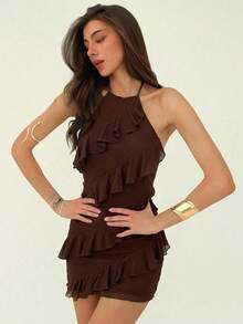 Aloruh 女士夏季咖啡色/棕色无袖迷你连衣裙，海滩度假装扮，波西米亚风荷叶边装饰，纯色吊带系带荷叶边下摆茶会连衣裙，温暖假日性感露背迷你连衣裙，深V领系带荷叶边下摆，修身连衣裙 - 咖啡 - 查看 7