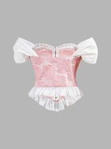 SHEIN Young Girl Elegant Jacquard Off-Shoulder Ruffle Corset Structure Hem Blouse, Spring/Summer - Baby Pink - View 2