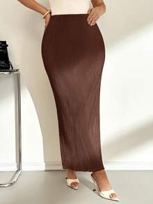 Auralis Plus Size Ladies Chocolate Brown Autumn Elegant Everyday Casual Slim Pleated Khaki Elastic Waist Long Skirt,Women Bottom,Vacation,Rave,Brunch,Airport - Brown - View 5