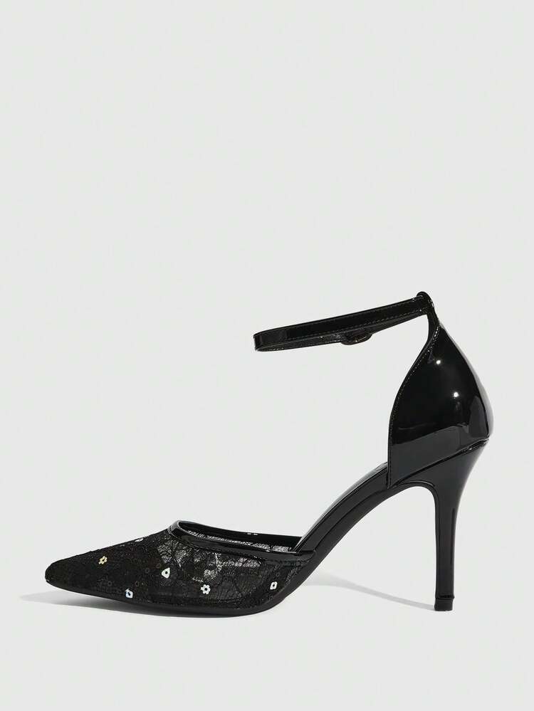 CUCCOO SZL 레이스 & 스팽글 포인티드 토 스틸레토 하이힐 샌들, 섹시 & 우아한 디자인, 플로럴 레이스 갑피, 조절 가능한 발목 스트랩, 섹시 & 우아한 여성을 위한 적합, 데이트, 파티 등에 이상적