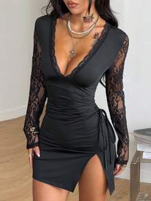 Coolane Women's Fall Y2K Party Grunge Punk V-Neck Lace Long Sleeve Elegant Mini Black Dresses - Black - View 1