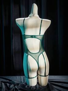 SpicyHot Conjunto de 4 piezas de mono transparente y sexy con espalda descubierta para mujeres - Verde Oscuro - Ver 2
