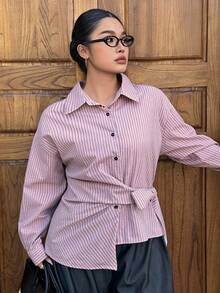 Dazy Plus Fashionable Turndown Collar Casual Striped Loose Asymmetrical Cinched Waist Long Sleeve Commuting Shirt - Pink - View 6