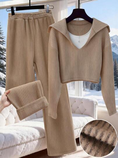 GlowEve 2pcs Women Knit Long Sleeve Top & Corduroy Lined Wide Leg Straight Pants Set, Casual Daily Commute Fashion French Street Vintage Business Holiday Apricot Autumn/Winter Homewear
