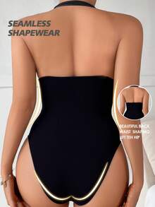 SHAPORA 1件装女士无缝露背挂脖三角裤束腰连体衣 - 黑色 - 查看 2