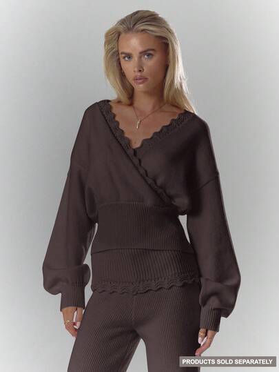 MUSERA Soft Rib Crochet Knit Crossover Detail Cinched Long Sleeve Top Only Fall Autumn Cosy Cute Casual Coffee Club Winter Elegant Evening Party New Year