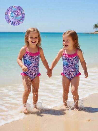 女童蝴蝶印花连体泳衣+帽子，粉色和紫色，沙滩度假