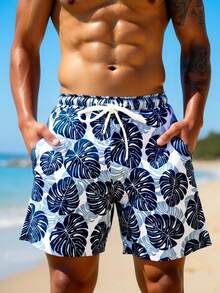 Manfinity Swimmode Men's Drawstring Waist Pocket Leaf Print Casual Beach Shorts - Navy Blue - View 1