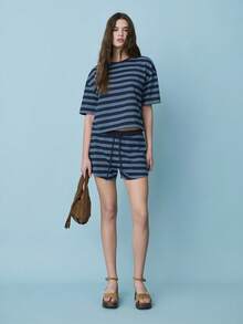 Nöista 女士深蓝、绿、白条纹宽松纯棉短袖T恤 + 抽绳 S - 藏蓝色 - 查看 5