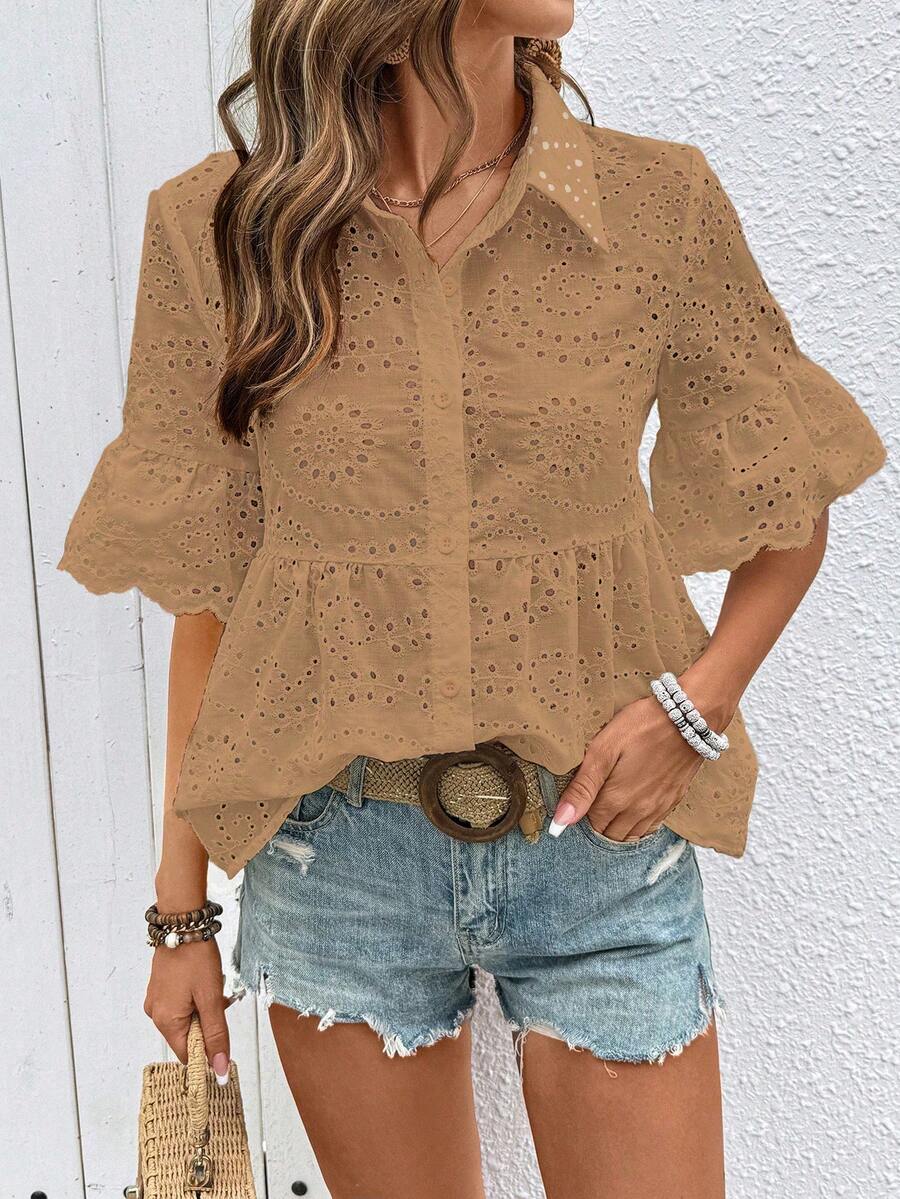 Breezaya Embroidered Shirt, Open Front Shirt, Embroidered Placket Shirt, Casual Shirt - Khaki - View 1