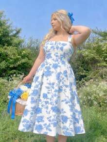 SHEIN MOD 大码优雅印花无袖连衣裙 - 藍白色 - 查看 7