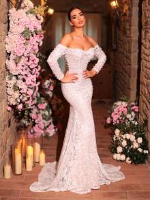 Glamrae 优雅奢华的珍珠串珠蕾丝薄纱袖鱼尾长裙，带拖尾，适合婚礼、派对、度假、舞会、新娘等场合。 - 白色 - 查看 6