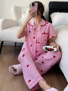 SHEIN Napfluff Sweet Heart Striped Short Sleeve Pajama Set - Pink - View 5