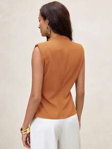 Aveloria Modichic Women's Fashion High Collar Asymmetric Gathered Shoulder Sleeveless Mustard Yellow Blouse Shirt With Adjustable Waist - Orange - View 4