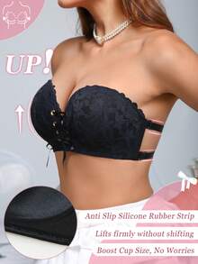 1件装女士无钢圈蕾丝加厚聚拢文胸，百搭款式，黑色