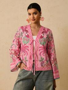 Travachic Áo sơ mi ngắn tay cài cúc, họa tiết hoa, kiểu dáng thường ngày, đa năng, dành cho nữ cỡ lớn. - Hồng - Xem 5