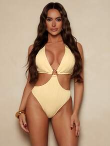 Swim SXY New Textured Fabric Metallic Strap V-Neck Sexy Bodysuit For Women - Yellow - View 3