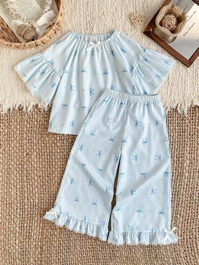 2pcs/Set Toddler Girls Loose Fit Light Blue Bow & Floral Print Elegant Lace Trim Long Sleeve Top And Pants Pajama Set