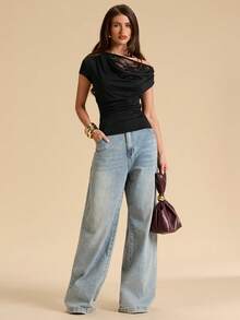 SHEIN BAE Women's Asymmetric Lace Patchwork Sheer Fitted Blouse, Sexy Lace Summer Top - Black - View 3