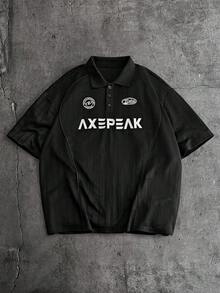 AXEPEAK Men's Casual Letter Print Short Sleeve Polo Shirt, Summer - Black - View 6