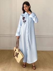 Mulvari Đầm nữ kiểu Ả Rập thêu hoa, cài cúc phía trước, phong cách thường ngày, thích hợp cho mùa thu. - Màu xanh nhạt - Xem 6