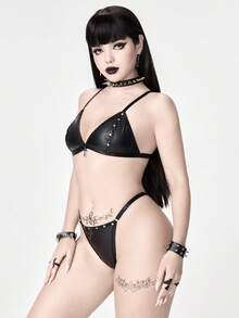 ROMWE Goth 暗黑朋克风PU交叉配饰三角杯文胸和丁字裤性感内衣套装 - 黑色 - 查看 4