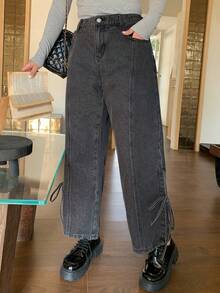Dazy Plus Quần jeans nữ cỡ lớn thời trang, kiểu dáng vintage, xẻ tà, ôm sát mắt cá chân, phối nhiều mảng màu và nơ, thích hợp mặc cả bốn mùa. - Màu xám đen - Xem 8
