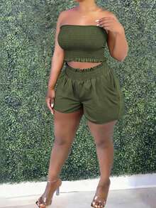 SHEIN Kỳ nghỉ hè dành cho nữ Quần short có túi và áo băng đô màu trơn Bộ 2 món thường ngày - màu xanh lá - Xem 3